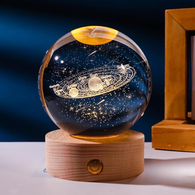 3D Galaxy Crystal Ball Night Lamp with Wooden Base